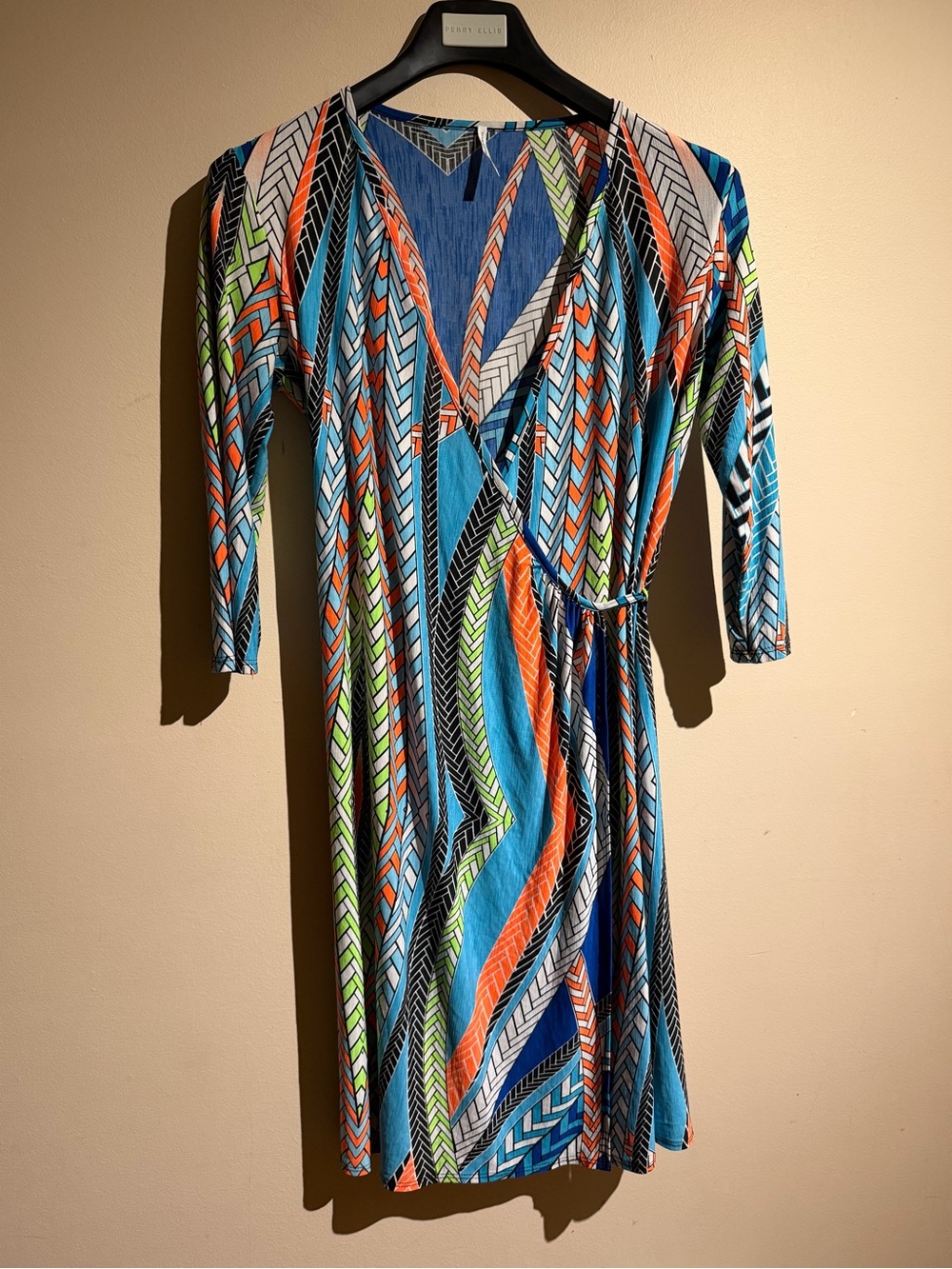 S-Twelve S-12 Women’s Colorful Abstract Long Sleeve Faux Wrap Dres